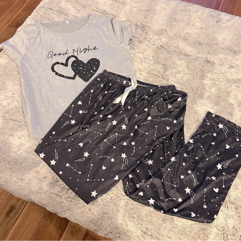 Brand New Gray and Black Pajama Set With Heart Pattern